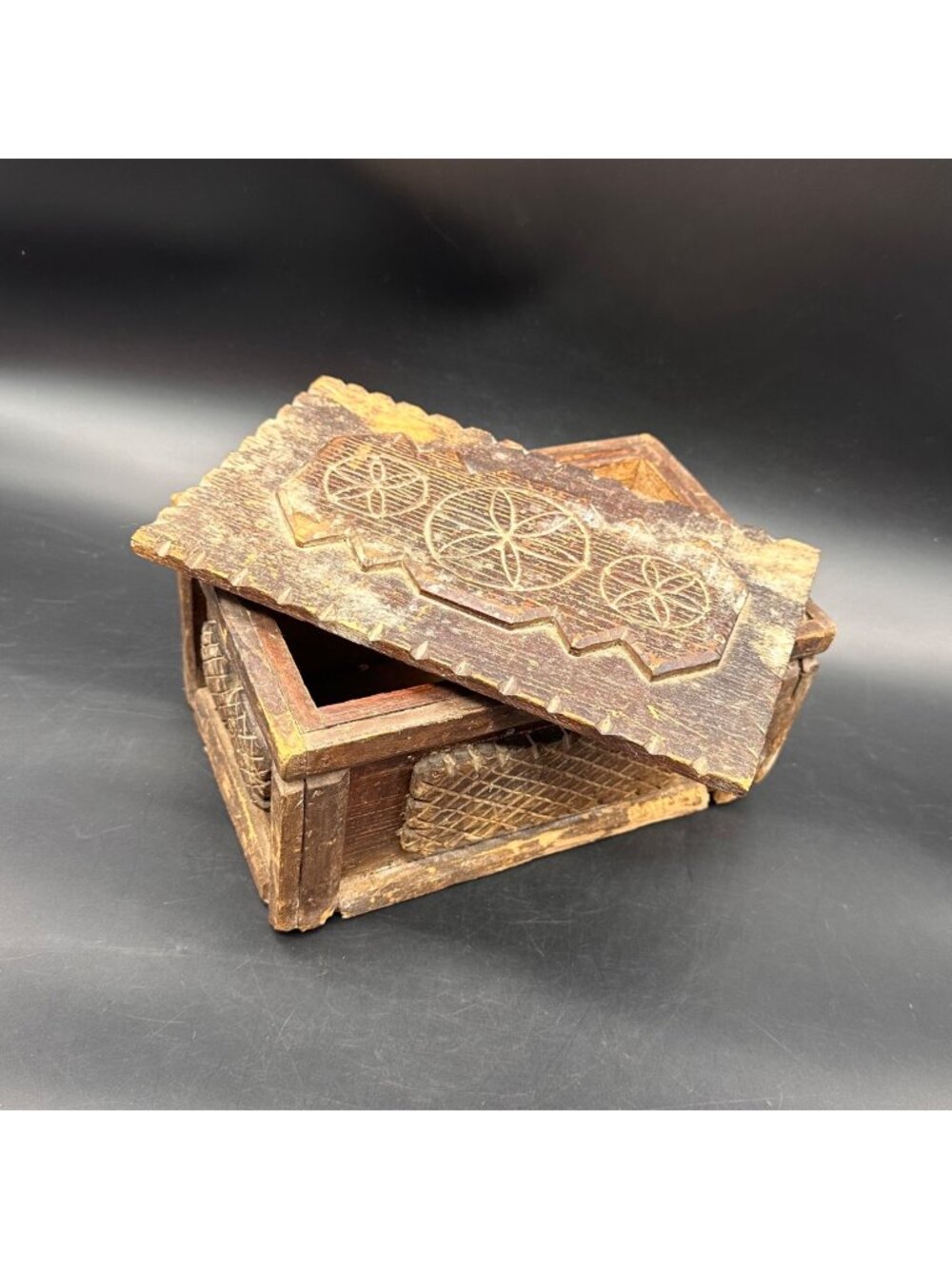 Antique Wooden Box Carved Geometric Storage Trinkets Rustic Weathered Handmade